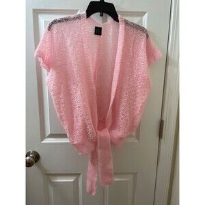 SPECIALTY HOUSE PINK Wavy Pointelle Tie Front Open Weave Cardigan Sweater OSFA
